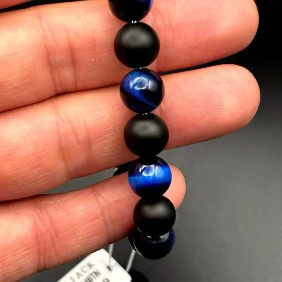Blackjack BJB244BTN Men’s Blue Tiger Eye Onyx Beaded Bracelet 10mm NIBWT